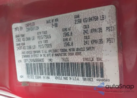 1998 Dodge Dakota Slt/Sport z USA, uszkodzony, nr VIN 1B7FL26X9WS660035